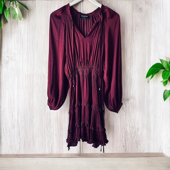 Minkpink Drawstring-Waist Peasant Dress Wine Women’s Sz S Festive Fall Romance - Picture 3 of 15
